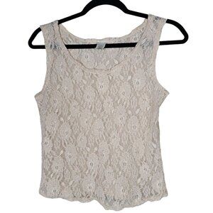 ⭐️VTG Sears S Cream Floral Mesh Lace Crop Tank Top Cottage Coquette Fairy Sheer